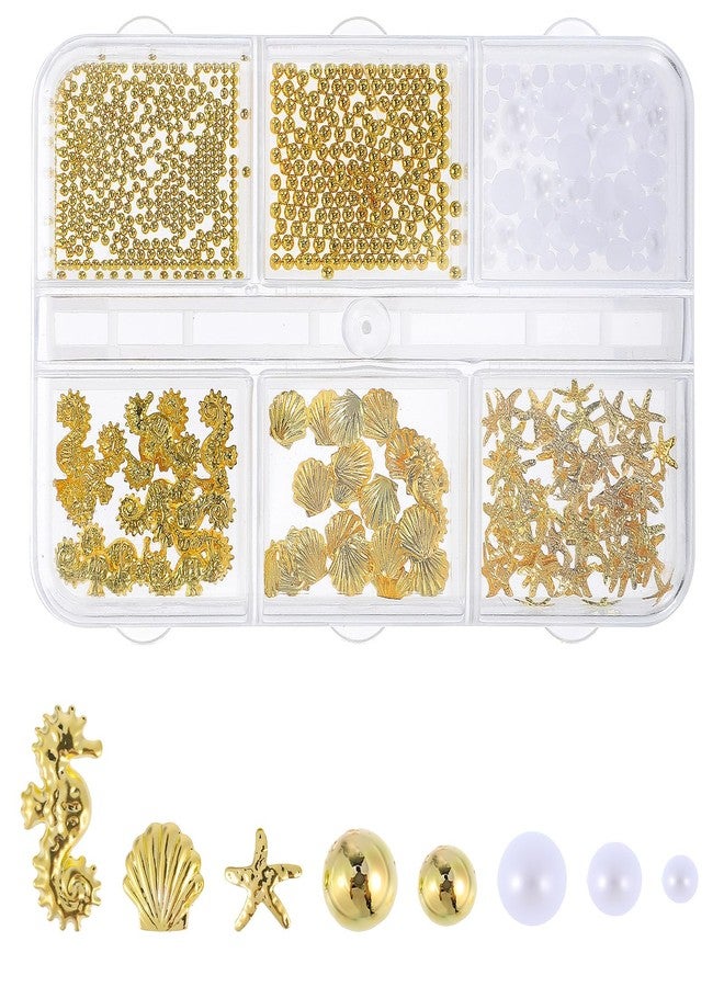 Ajcotahm Beach Nail Charms Gold Seashell 3D Nail Art Decorations with Starfish, Seahorse Alloy Rhinestones for Summer Manicure DIY Designs - Image 1